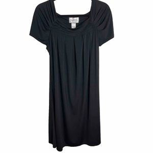 Vintage Mary McFadden Black Shift Dress Square Neck Short Sleeve Stretch Large